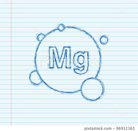 Blue magnesium sketch sign. Magnesium mineral. Mg pill capsule. Vector stock illustration Blue magnesium sketch sign. Magnesium mineral. Mg pill capsule. Vector stock illustration 86912163