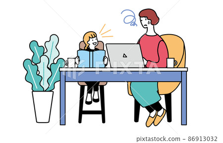 A simple illustration of a woman who uses a computer and a woman who reads a book 86913032