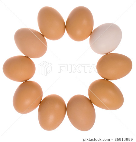 Ten eggs in circle. One egg white. 86913999
