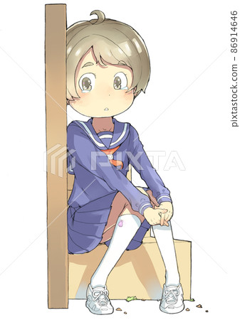 Female junior high school student sitting on the stairs and weeping Female junior high school student sitting on the stairs and weeping 86914646