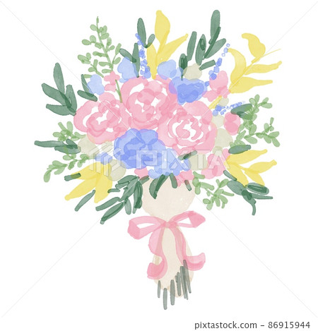 水彩。用水彩畫的花束。帶有水彩色彩的婚禮花束。 86915944