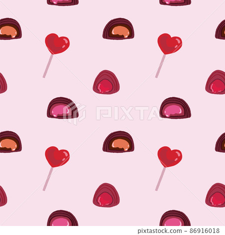 Hand drawn romantic confectionery seamless pattern with chocolate candies and lollipop Hand drawn romantic confectionery seamless pattern with chocolate candies and lollipop 86916018