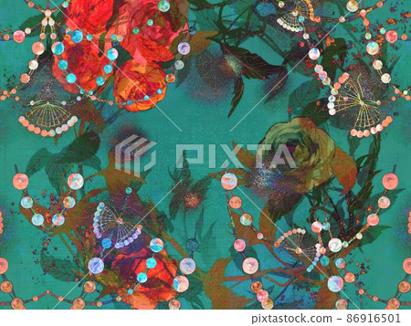 玫瑰牡丹牡丹植物花束和拉登圖案的壁紙插圖 86916501