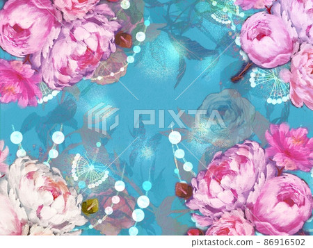 玫瑰牡丹牡丹植物花束和拉登圖案的壁紙插圖 86916502