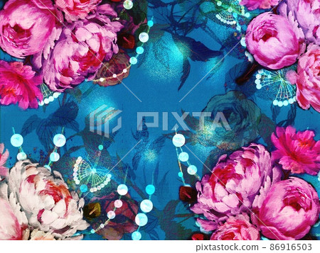 玫瑰牡丹牡丹植物花束和拉登圖案的壁紙插圖 插圖素材 圖庫