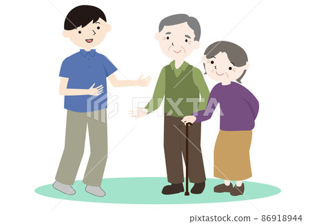 A man's caregiver in a polo shirt, a helper, a staff member such as a rehab, a smiling grandmother in a wheelchair, and an elderly person. 86918944