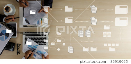 man work document management data document on digital tablet online documentation database 86919035