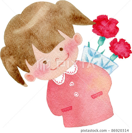 [母親節] 一個女孩拿著康乃馨藏在背後的插畫 86920314