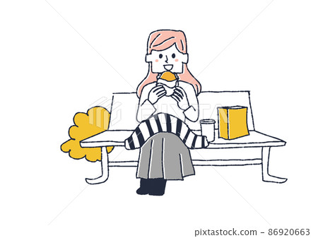一個吃外賣午餐的女人，一個滑稽的手繪人物插圖，一個簡單的矢量線圖著色 86920663