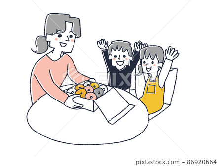 Family eating take-out donuts Comical handwritten person illustrations Simple coloring on vector line drawings Family eating take-out donuts Comical handwritten person illustrations Simple coloring on vector line drawings 86920664