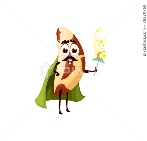 Funny Brazilian nut wizard or magician character with magic wand, vector icon. Cartoon Brazilian nut as fairy tale magician or sorcerer warlock with magic spell of stars on wand, food personage 86920769
