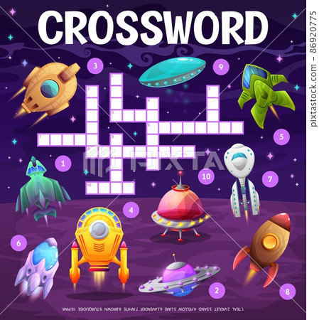 Find a color of spaceship, starship and UFO crossword grid worksheet. Find a word quiz game, kids text puzzle or preschool children vocabulary test vector page. Child educational game with rockets 86920775