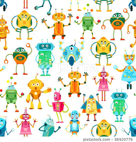 Cartoon robots and droids seamless pattern. Wallpaper or fabric print, cover pattern template or vector background with funny robots characters, cute vintage droids or smiling alien bots personage 86920776
