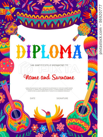 Kids diploma with Mexican sombrero, guitar and maracas musical instruments. Vector education diploma, certificate of school achievement or appreciation with background frame of mexican ornament 86920777