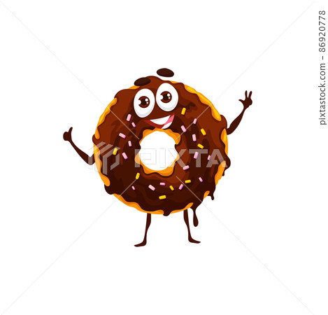 Cartoon happy chocolate donut character. Funny dessert personage showing thumbs up and victory hand signs, isolated vector cute donut character with chocolate icing and sweet dip. Comic pastry mascot 86920778