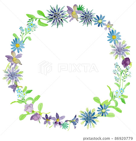 藍色花環的水彩插圖 86920779