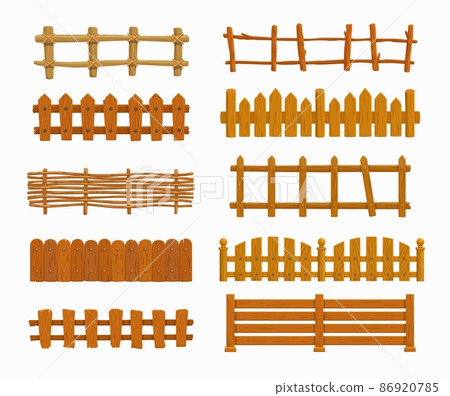 Cartoon wooden fence vector set, garden or farm palisade, gates or balustrade with pickets. Enclosure railing, banister or fencing sections with decorative pillars. Wooden isolated fence and balusters 86920785