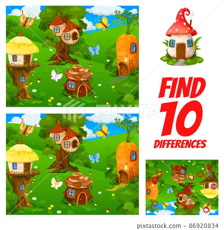 Find ten differences in cartoon fairy gnome village kids quiz worksheet. Kindergarten child educational playing activity, kids quiz or riddle vector page with similarity and difference finding task Find ten differences in cartoon fairy gnome village kids quiz worksheet. Kindergarten child educational playing activity, kids quiz or riddle vector page with similarity and difference finding task 86920834