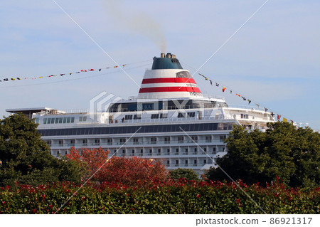 A male figure of the large passenger ship "Asuka" moored at the Osanbashi International Passenger Ship Terminal in Yokohama Port is photographed through the trees in Minato Park. A male figure of the large passenger ship "Asuka" moored at the Osanbashi International Passenger Ship Terminal in Yokohama Port is photographed through the trees in Minato Park. 86921317