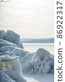 Splash ice that appears on the shores of Lake Inawashiro in the midwinter 86922317