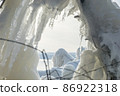 Splash ice that appears on the shores of Lake Inawashiro in the midwinter 86922318