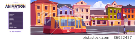 Tram riding on retro city street game background Tram riding on retro city street game background 86922457