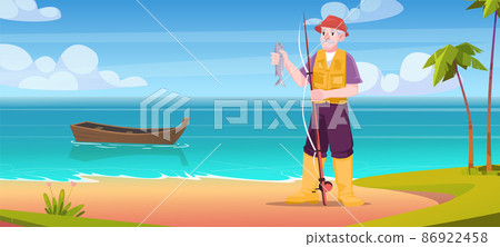 Old fisherman holding fish on rod at sea coast Old fisherman holding fish on rod at sea coast 86922458