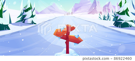 Ice slide with wooden road sign and mountains Ice slide with wooden road sign and mountains 86922460