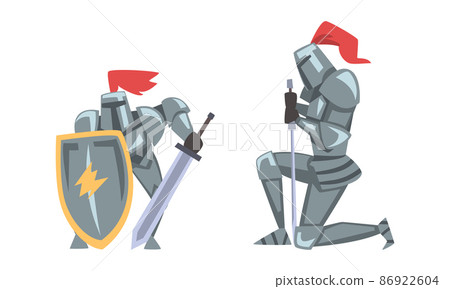 Medieval knights in full body armours fighting with sword and standing on one knee vector illustration Medieval knights in full body armours fighting with sword and standing on one knee vector illustration 86922604