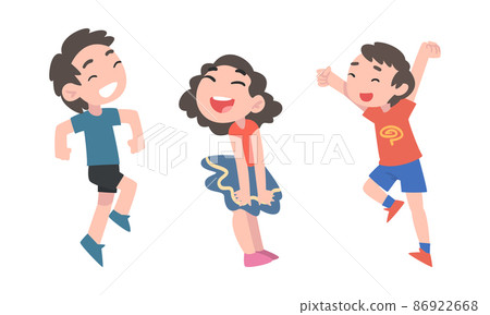 Funny boys and girl happily jumping set cartoon... - Stock Illustration ...