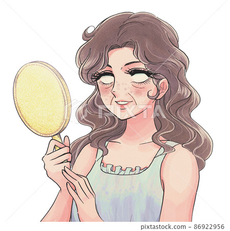 Showa shoujo manga-style middle-aged woman who notices aging skin and faints 86922956