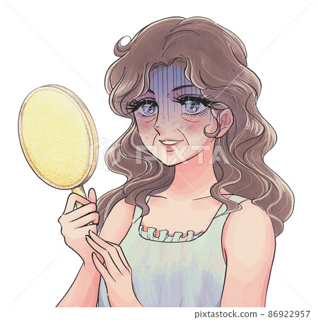 Showa girl cartoon-style middle-aged woman who notices aging skin and turns pale 86922957