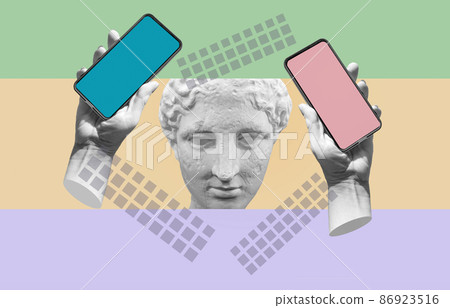 Fashion collage in magazine and pop art style. Statue holding modern blank frameless screen smartphone in a palm. 86923516