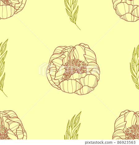 Simple floral print. Outline peonies and leaves on vanilla background. Illustration for wrapping, covering, textile Simple floral print. Outline peonies and leaves on vanilla background. Illustration for wrapping, covering, textile 86923563