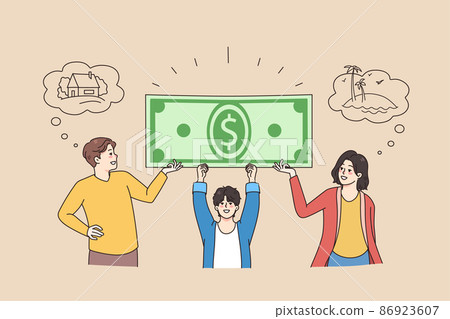 Happy family with kids holding dollar banknote Happy family with kids holding dollar banknote 86923607