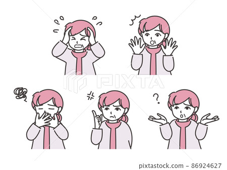 Illustration set of females showing various facial expressions_C02 [single color / cardigan] 86924627