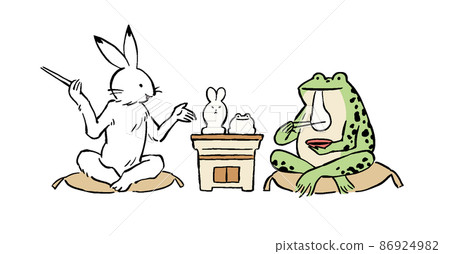 Bird and beast caricature illustration of a rabbit and a frog baking rice cakes Bird and beast caricature illustration of a rabbit and a frog baking rice cakes 86924982