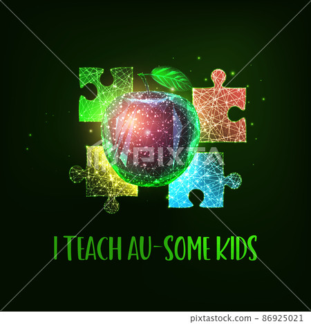 Autism teacher vector illustration. I teach Au-some kids phrase with colorful puzzle pieces and apple 86925021