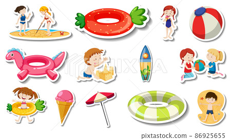 Set of summer beach items and children Set of summer beach items and children 86925655