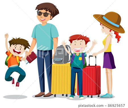 Happy family ready to travel on white background Happy family ready to travel on white background 86925657