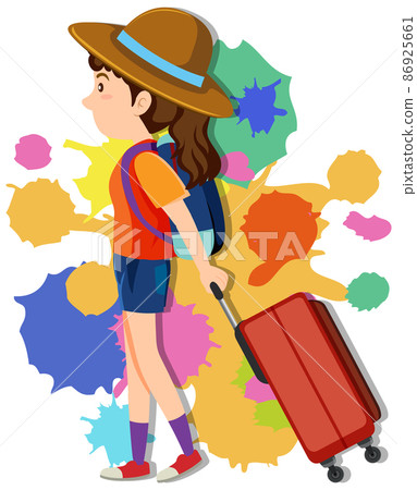 Girl pulling luggage on colorful background Girl pulling luggage on colorful background 86925661