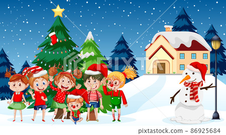 Christmas winter scene with happy children Christmas winter scene with happy children 86925684