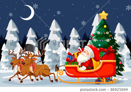 Santa Claus on sleigh with reindeer at night scene 86925694