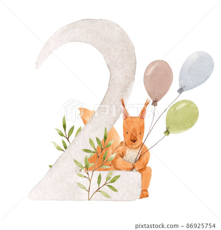 Beautiful stock illustration with watercolor hand drawn number 2 and cute squirrel animal for baby clip art. Two month, years. Beautiful stock illustration with watercolor hand drawn number 2 and cute squirrel animal for baby clip art. Two month, years. 86925754