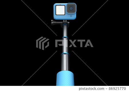Photo and video lightweight blue action camera with selfie stick on black 86925770