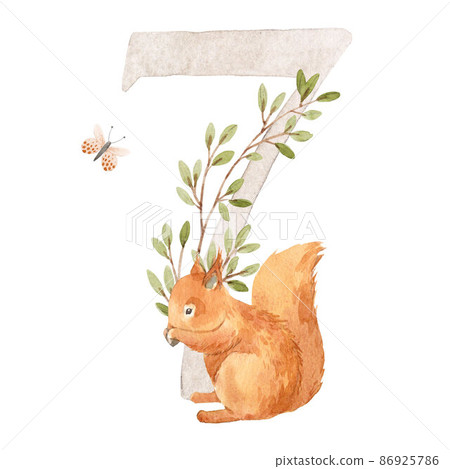 Beautiful stock illustration with watercolor hand drawn number 7 and cute squirrel animal for baby clip art. Seven month, years. Beautiful stock illustration with watercolor hand drawn number 7 and cute squirrel animal for baby clip art. Seven month, years. 86925786