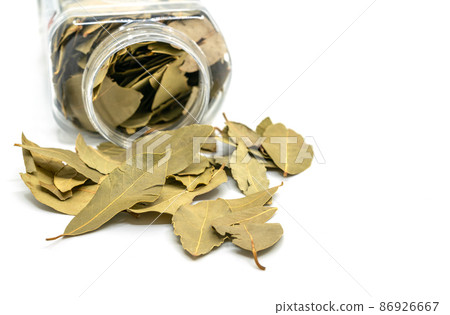 Close-up bay leaves spread out of cleared plastic packaging on white background Close-up bay leaves spread out of cleared plastic packaging on white background 86926667
