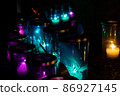 A group of candles of various colors lit up 86927145