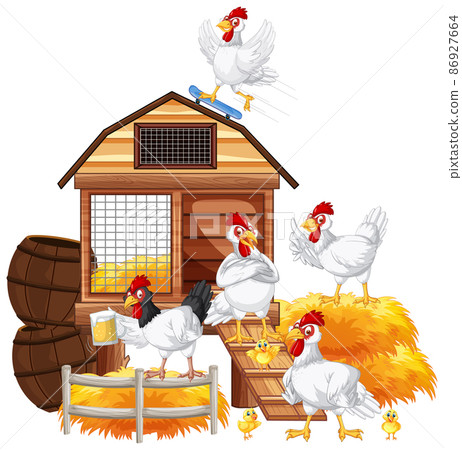 An isolated scene with a group of chickens in cartoon style An isolated scene with a group of chickens in cartoon style 86927664