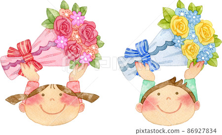 [Set material] Illustration of children holding a bouquet of roses 86927834